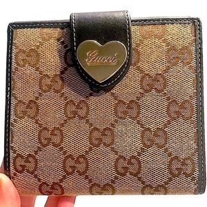 Gucci gold heart canvas and leather bifold wallet